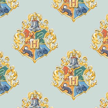 Harry Potter Watercolor Hogwarts School Crest Light Blue Magical Wizard Witch Cotton Fabric Wizarding World Collection per half metre