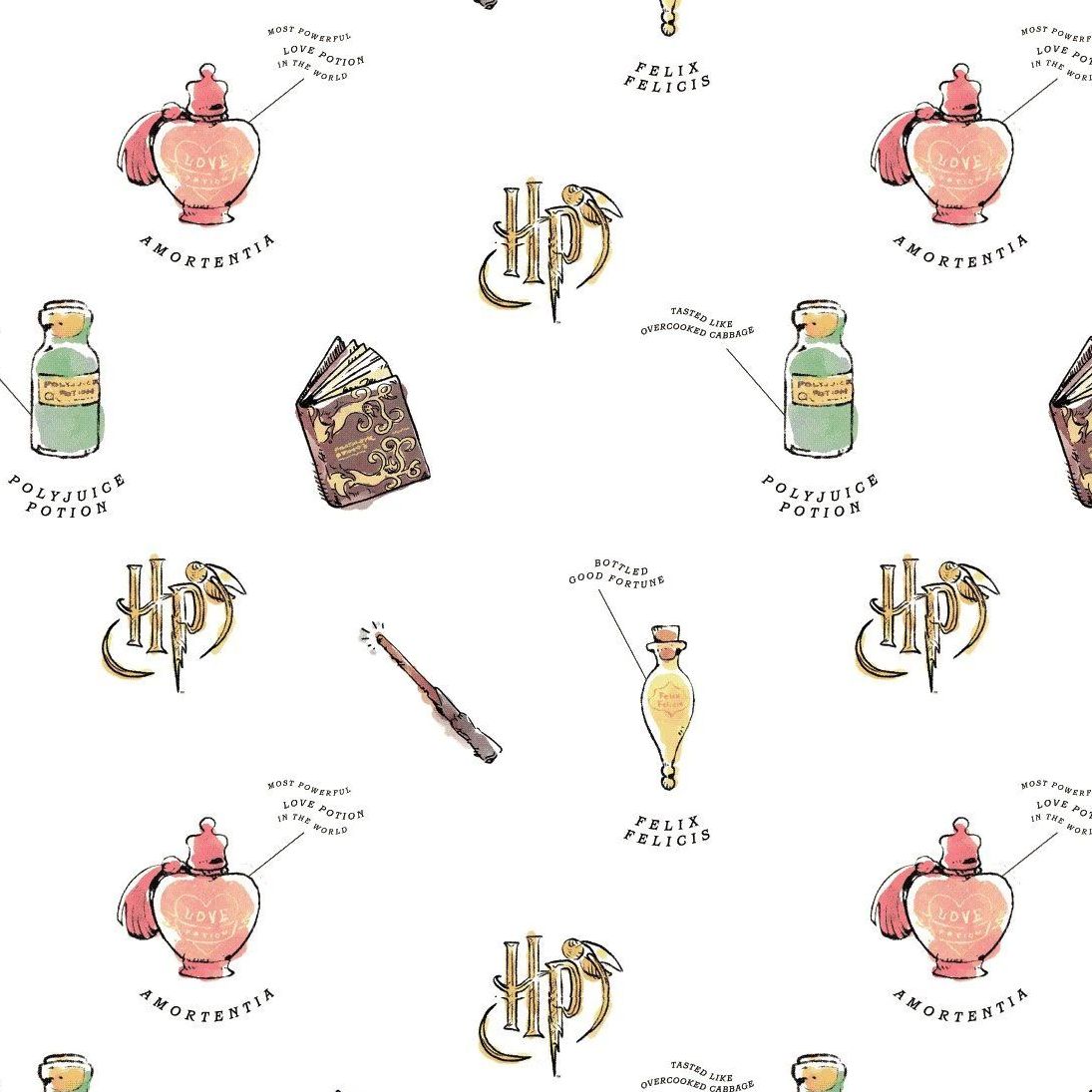 Harry Potter Watercolor Oddities White Polyjuice Potion Felix Felicis Spell Book Magic Wand Cotton Fabric Wizarding World Collection per half metre