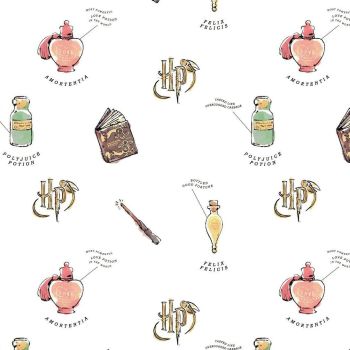 Harry Potter Watercolor Oddities White Polyjuice Potion Felix Felicis Spell Book Magic Wand Cotton Fabric Wizarding World Collection per half metre