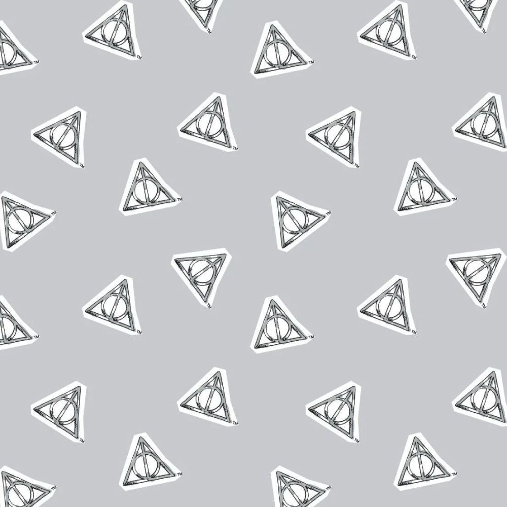 Harry Potter Watercolor Deathly Hallows Tossed Grey Hogwarts Magical Wizard Witch Cotton Fabric Wizarding World Collection per half metre
