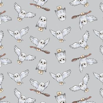 Harry Potter Hedwig Grey DELUXE Soft Wash Broomstick Owl Post Magical Wizard Witch Cotton Fabric per half metre