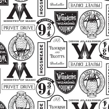 Harry Potter Locations White Florish and Blotts Hogsmeade Ministry of Magic Magical Wizard Witch Cotton Fabric Wizarding World Collection per half met