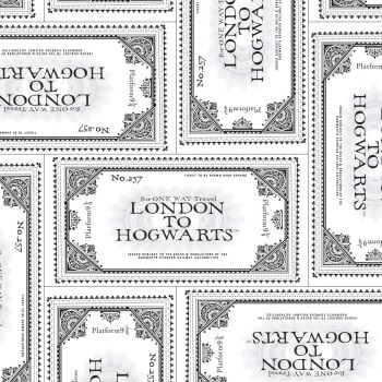 Harry Potter Ticket to Hogwarts White Platform 9 3/4 Magical Wizard Witch Cotton Fabric Wizarding World Collection per half metre