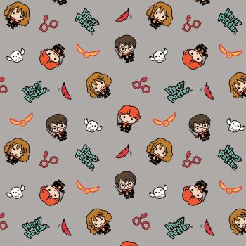 Harry Potter Kawaii Trio Toss Grey Character Hedwig Glasses Golden Snitch Magical Wizard Witch Cotton Fabric Wizarding World Collection per half metre