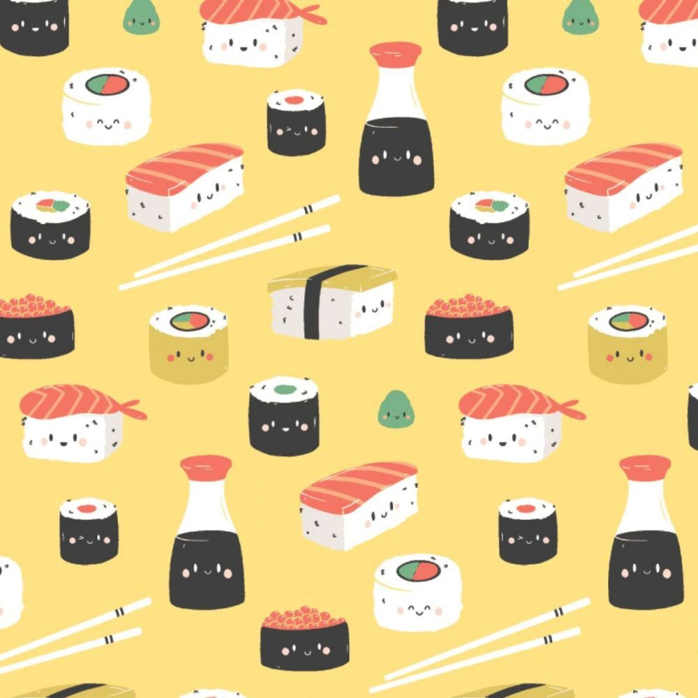 Japanese Food Sushi Roll Fabric Mania Ngiri Chopsticks Yellow Fish Maki A On Cotton