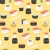 On A Roll Sushi Mania Yellow Ngiri Maki Fish Japanese Food Chopsticks Cotton Fabric