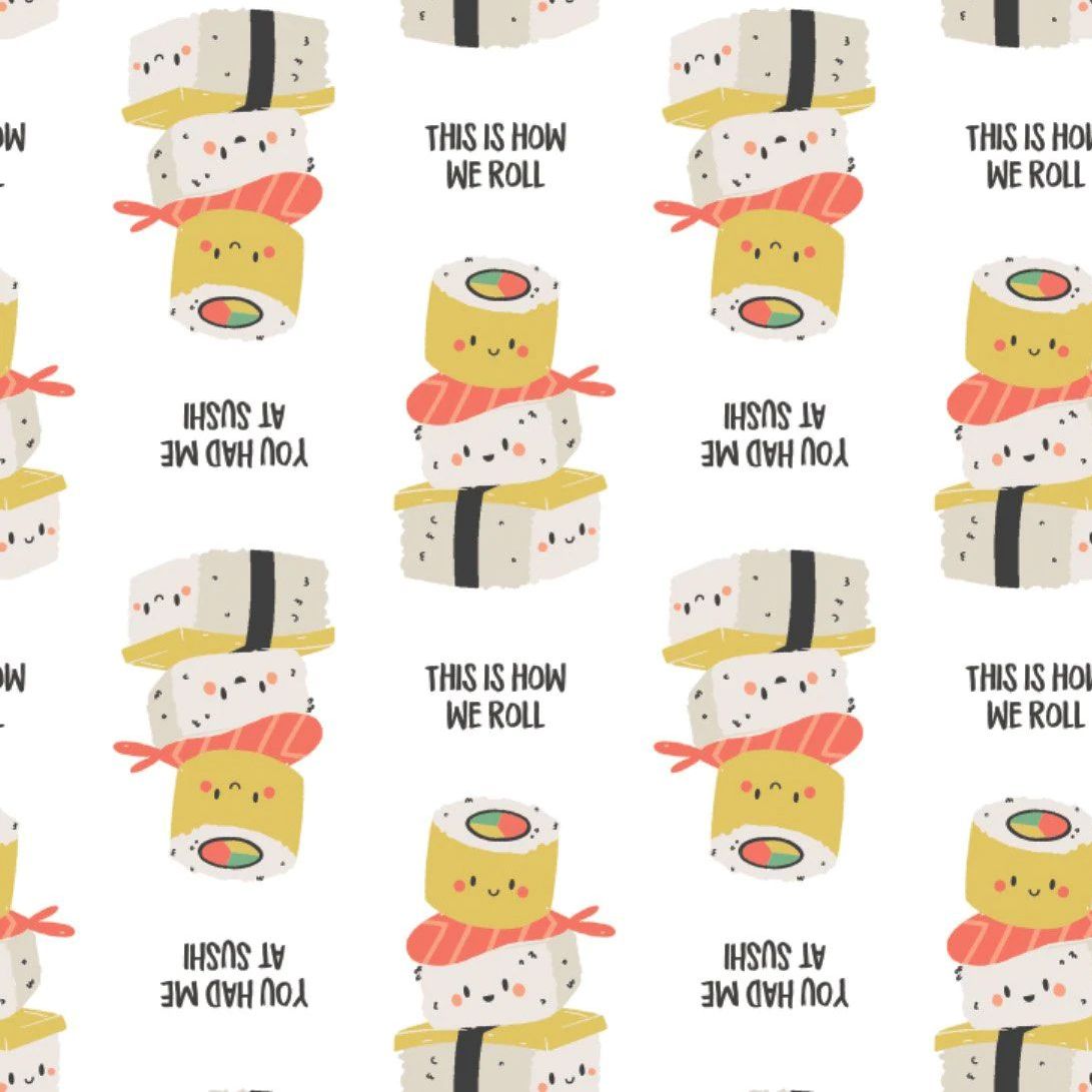 On A Roll You Had Me At Sushi White Ngiri Maki Fish Stack Japanese Food Cotton Fabric