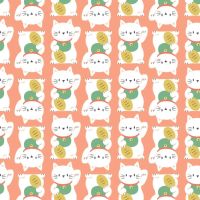 On A Roll Maneki Neko Coral Waving Lucky Fortune Cat Cotton Fabric