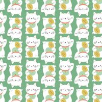 On A Roll Maneki Neko Mint Waving Lucky Fortune Cat Cotton Fabric