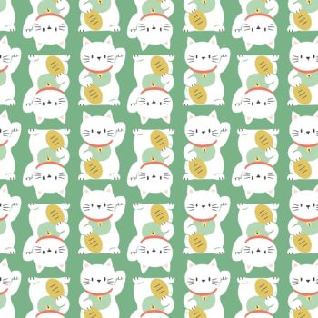 On A Roll Maneki Neko Mint Waving Lucky Fortune Cat Cotton Fabric