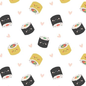 On A Roll Maki Love White Sushi Roll Hearts Fish Japanese Food Cotton Fabric