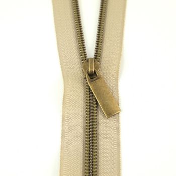 Sallie Tomato Beige #5 Nylon Coil Zippers - 3 Yards Continuous Length with 9 Antique Brass Pulls Handbag Zipper Zip