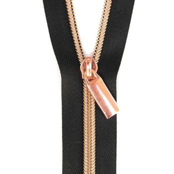 Sallie Tomato Black #5 Nylon Coil Zippers - 3 Yards Continuous Length with 9 Rose Gold Pulls Handbag Zipper Zip