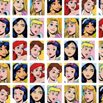 Disney Princess Collection Ultimate Princess Grid Faces Cinderella Mulan Ariel Snow White Belle Cotton Fabric per half metre