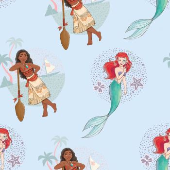 Disney Princess Collection Ultimate Princess Multi Badge with Moana and Ariel The Little Mermaid Cotton Fabric per half metre