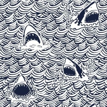 DESTASH 70cm I Don't Give a Ship! Dark and Stormy Sharks Waves Ocean Shark Dear Stella Cotton Fabric