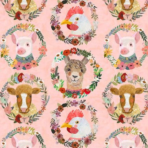 Farm Friends Farm Badges Peach Mia Charro Floral Rings Llama Chicken Cow Pig Cotton Fabric