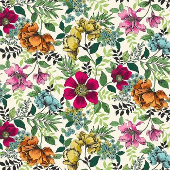 Jewel Tones Floral Cream Botanical Flowers Leaves Cotton Fabric
