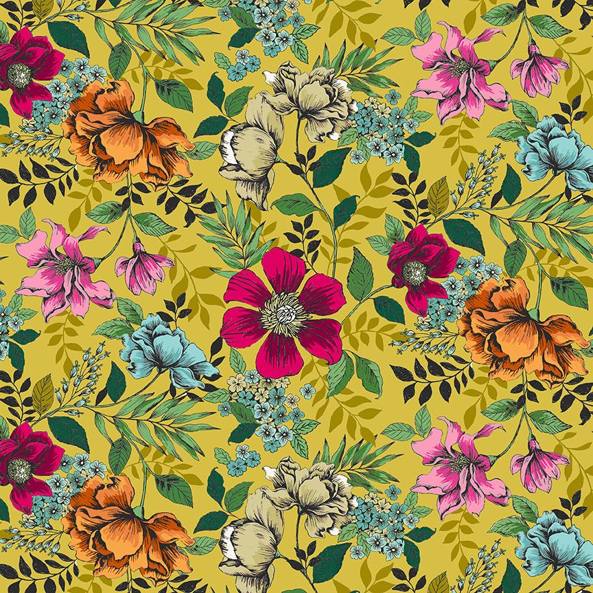 Jewel Tones Floral Yellow Mimosa Botanical Flowers Leaves Cotton Fabric