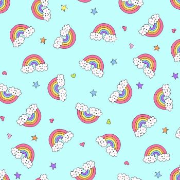 Believe by Kim Schaefer Flying Rainbows Sky Clouds Stars Hearts Cotton Fabric