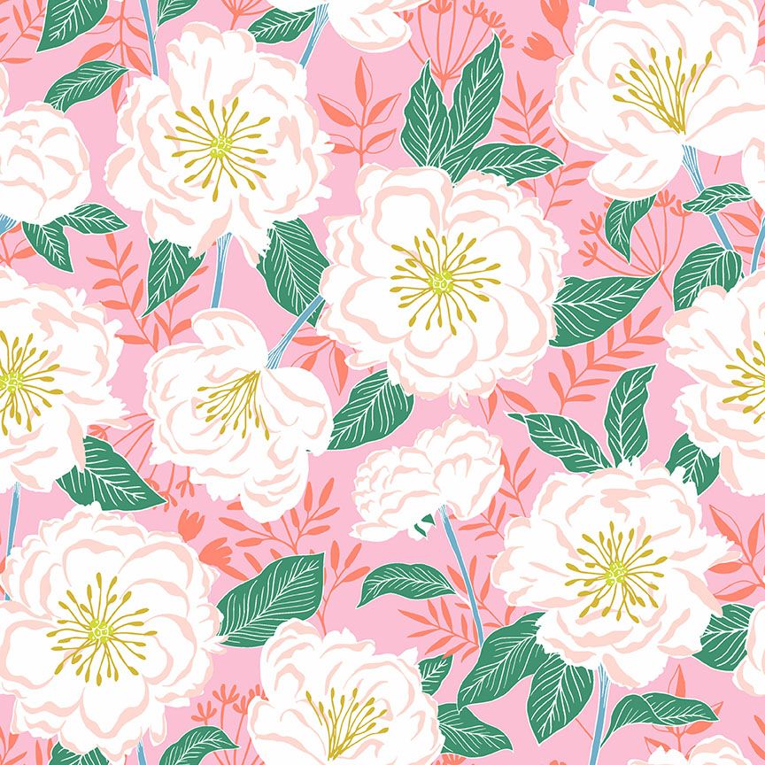 Flora and Fauna by Patty Sloniger Camelias Pink Floral Botanical Cotton Fab