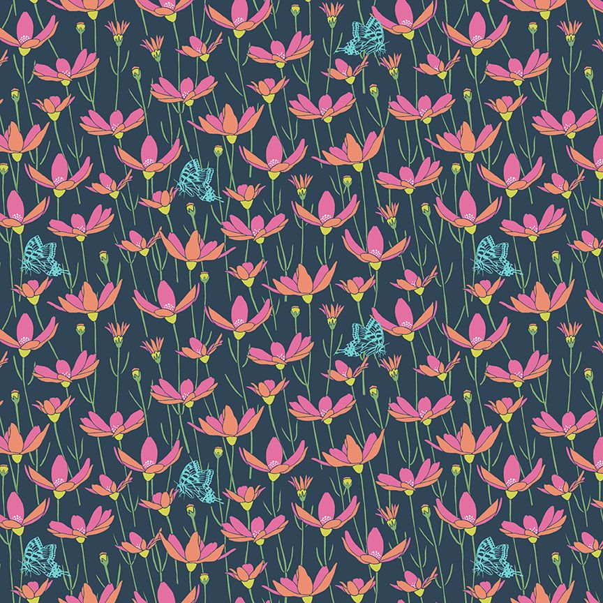 Flora and Fauna by Patty Sloniger Meadow Navy Butterfly Floral Botanical Cotton Fabric