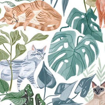 Fronds and Friends by Rae Ritchie Fronds & Felines White Cats Amongst Leaves Monstera Botanical Dear Stella Cotton Fabric