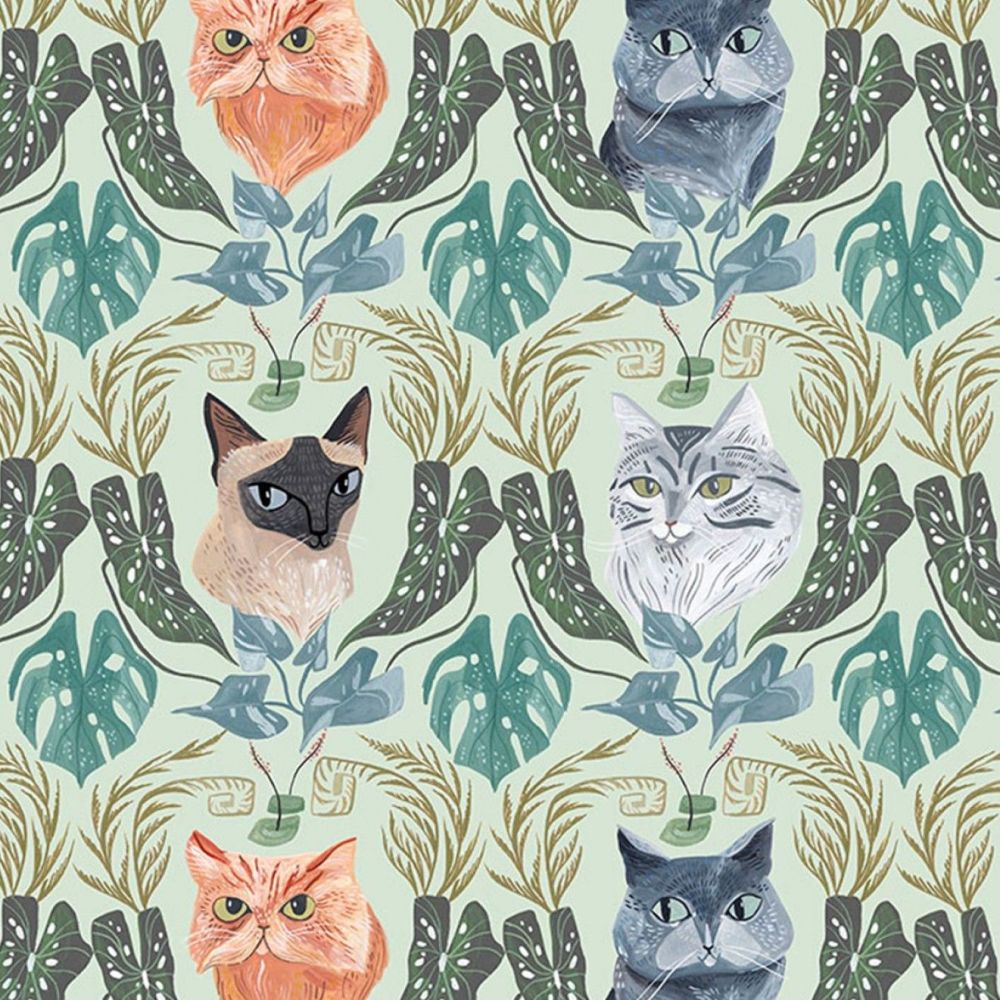 Fronds and Friends by Rae Ritchie Cat Toile Mist Cats Framed by Leaves Monstera Botanical Dear Stella Cotton Fabric