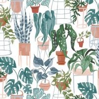 Fronds and Friends by Rae Ritchie House Plants White Plant Pots Leaves Ferns Monstera Botanical Dear Stella Cotton Fabric