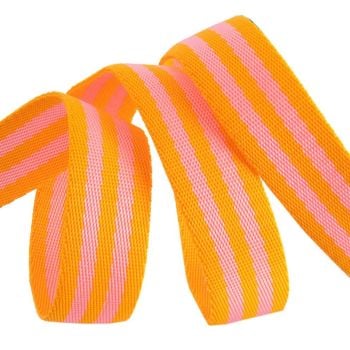 PRE-ORDER Tula Pink Webbing - 1" Tangerine Orange with Bright Soft Pink by Renaissance Ribbons sold per yard