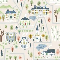 Little Women Map Cream Character Houses Town Hall Trees Ponds by Jill Howarth Cotton Fabric