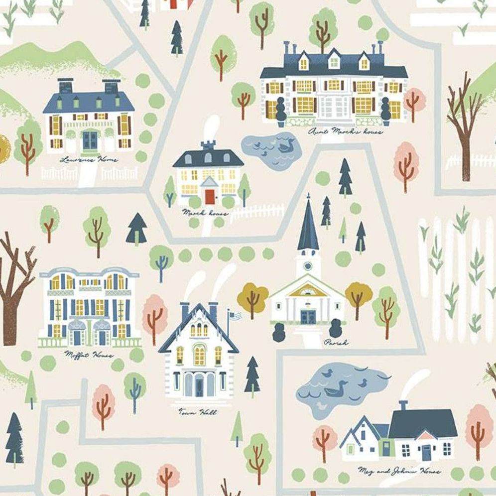 Little Women Map Cream Character Houses Town Hall Trees Ponds by Jill Howar