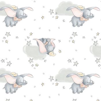 DESTASH 63cm Disney Sentimental Dumbo In The Sky Flying Elephant White Baby Elephant Stars Nursery Camelot Cotton Fabric per half metre