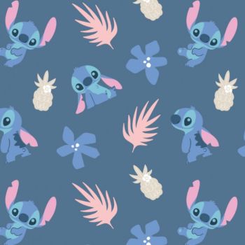 Disney Stitch Ohana Stitch Garden Blue Pineapples Flowers Leaves Cotton Fabric per half metre