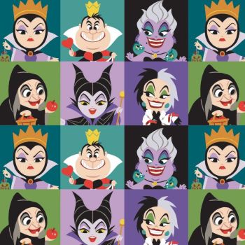 Disney The Day of the Little World Villains Block Kawaii Ursula Maleficent Queen of Hearts Cruella Cotton Fabric per half metre