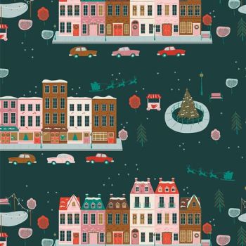 Christmas in the City Joyful Boulevard Night Holiday Winter Scene Santa Sleigh Shops Cars Cotton Fabric - CHC25812