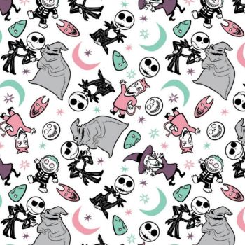Disney The Nightmare Before Christmas 5 Pattern Play White Halloween Characters Oogie Boogie Crescent Moon Cotton Fabric per half metre