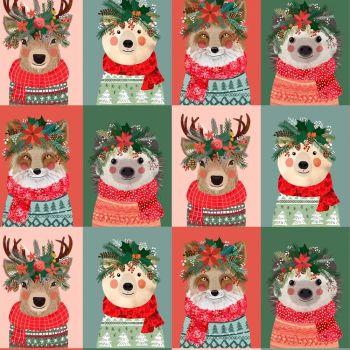 Christmas Squad Multi Mia Charro Festive Deer Bear Fox Hedgehog Holly Poinsettia Crown Faces Cotton Fabric
