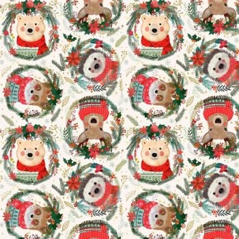 Christmas Squad Fuzzy Friends Ivory Mia Charro Festive Floral Wreaths Fox Bear Deer Hedgehog Cotton Fabric