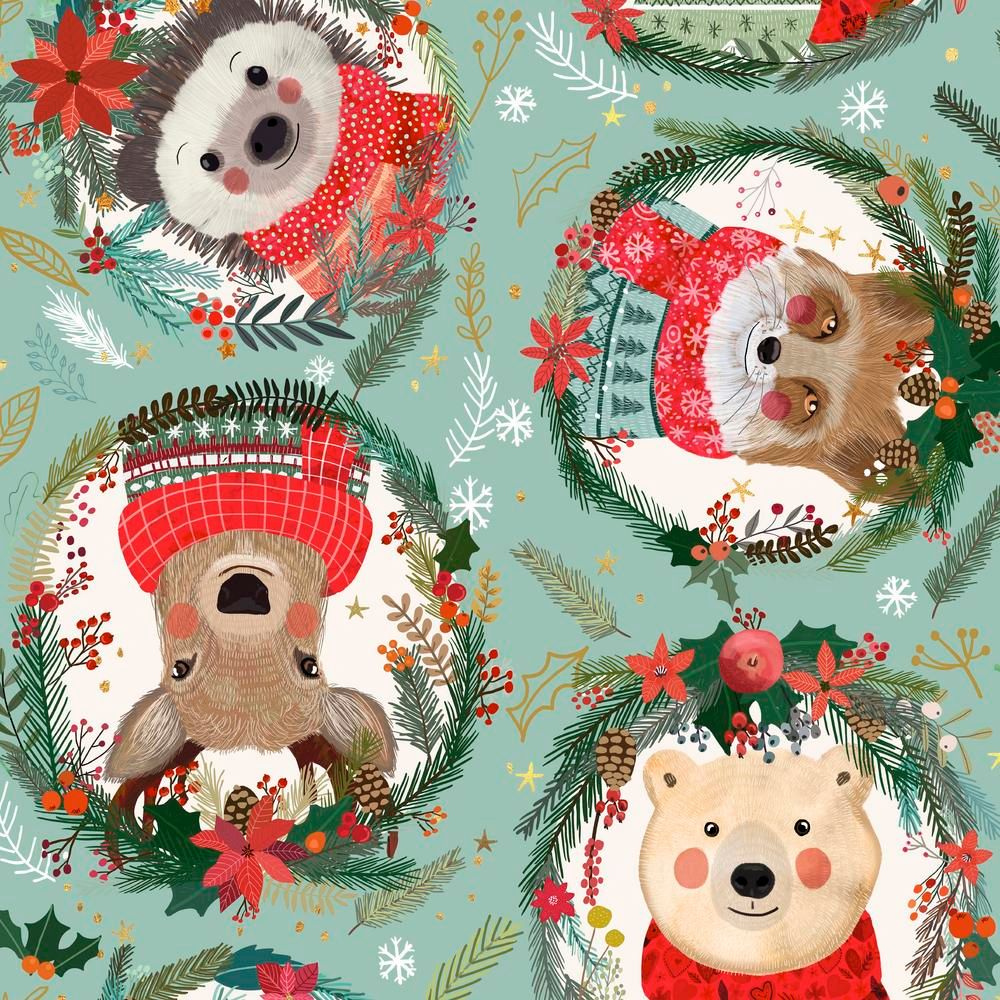 Christmas Squad Squad Wreaths Sage Mia Charro Festive Floral Wreaths Fox Bear Deer Hedgehog Cotton Fabric