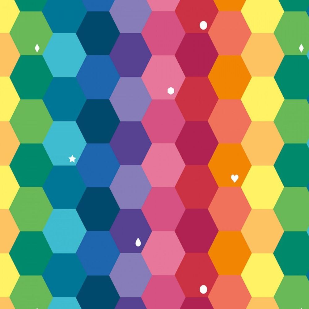 Imagine by Kristy Lea Imagine Main Rainbow Hexagons Hexies Hexy Rainbow Geometric Cotton Fabric