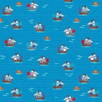 Pirates Galleons Blue Pirate Ships Waves Octopus Sharks Cotton Fabric
