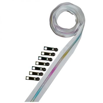 Decorating Diva #5 Zippers By The Yard 2.5 Yard Pack - White with Metallic Rainbow Coil  plus 7 Matching Pulls Handbag Zipper Zip