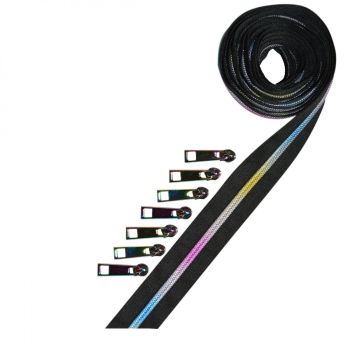 Decorating Diva #5 Zippers By The Yard 2.5 Yard Pack - Black with Metallic Rainbow Coil  plus 7 Matching Pulls Handbag Zipper Zip