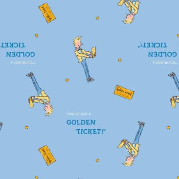 DESTASH 1m Charlie and the Chocolate Factory Golden Ticket Blue Charlie Bucket 'You've Got A Golden Ticket' Cotton Fabric