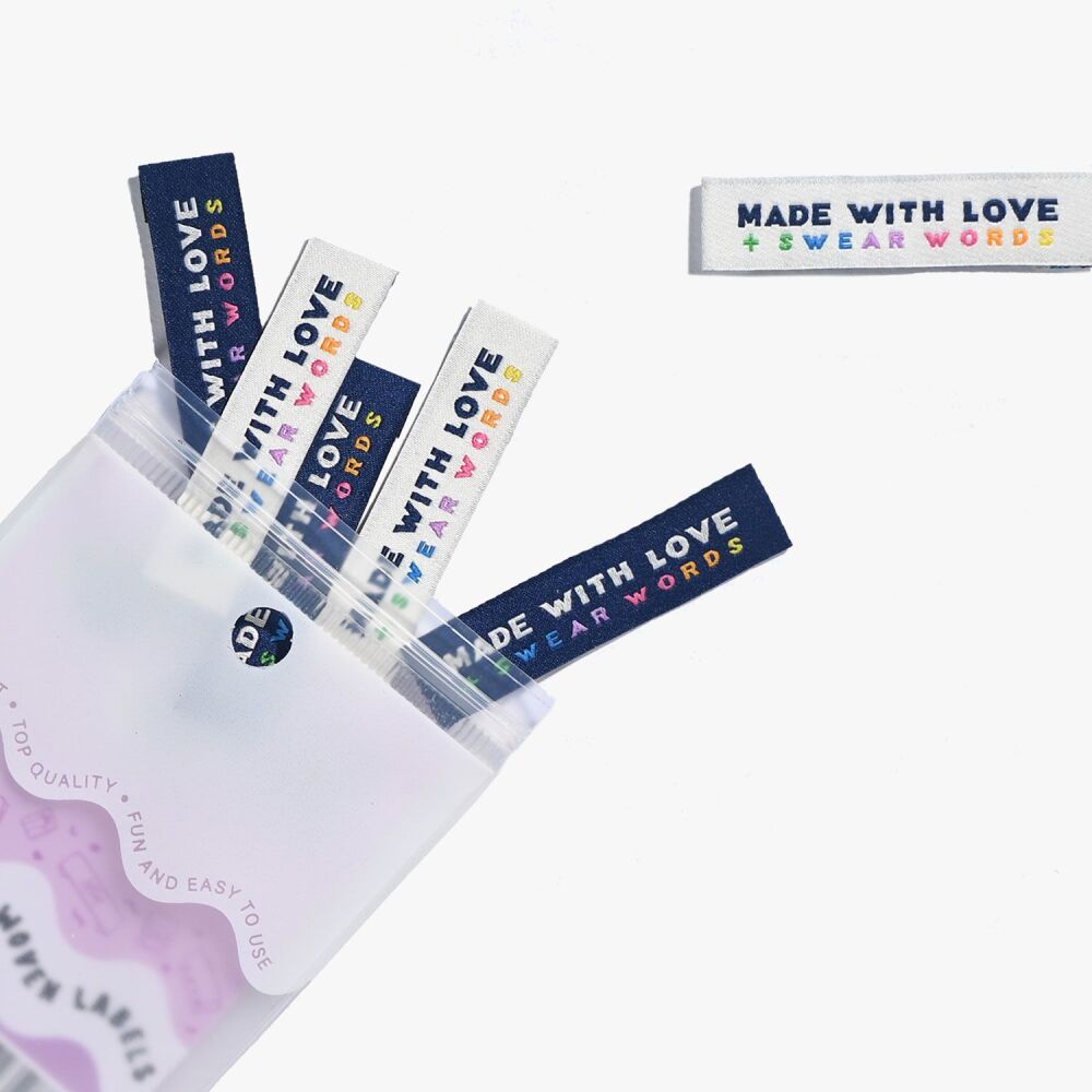 Kylie and the Machine "MADE WITH LOVE AND SWEAR WORDS" Woven Labels 6 Pack - New Packaging