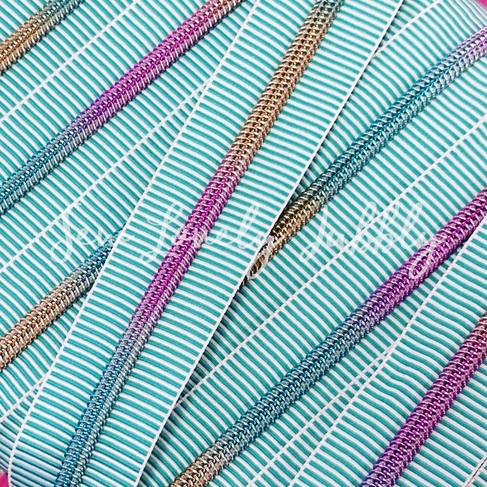 Sew Lovely Jubbly Turquoise and White Stripe #5 Nylon Coil Striped Zipper with Rainbow Coil - 2 Metres Continuous Length Handbag Zip