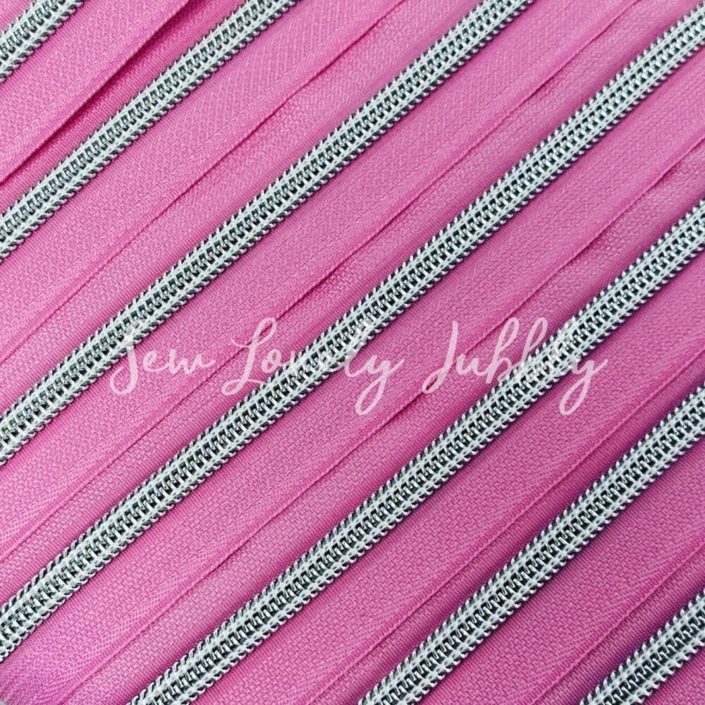 Sew Lovely Jubbly Pink #5 Nylon Coil Zipper with Silver Coil - 2 Metres Continuous Length Handbag Zip - No Pulls