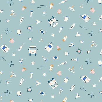 DESTASH 1.1m Figo Around The Campfire Camp Gear Mint Campervan Campsite Tents Boots Logs Trees Cotton Fabric 90410-60