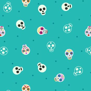 DESTASH 2.90m Small Things Glow Sugar Skulls on Turquoise in the Dark GID Lewis and Irene Cotton Fabric SM40.1